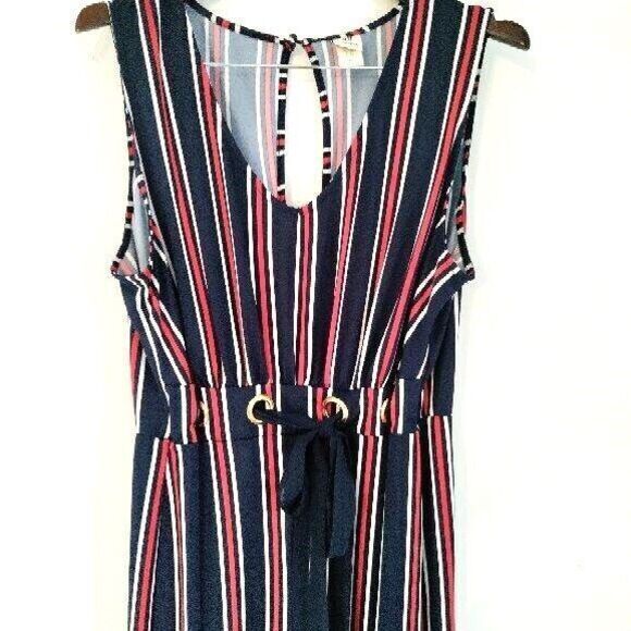 Women 2X Sleeveless Flare Leg-V Neck Loose Striped Jumpsuit Gold Loophole Belt - Picture 2 of 4